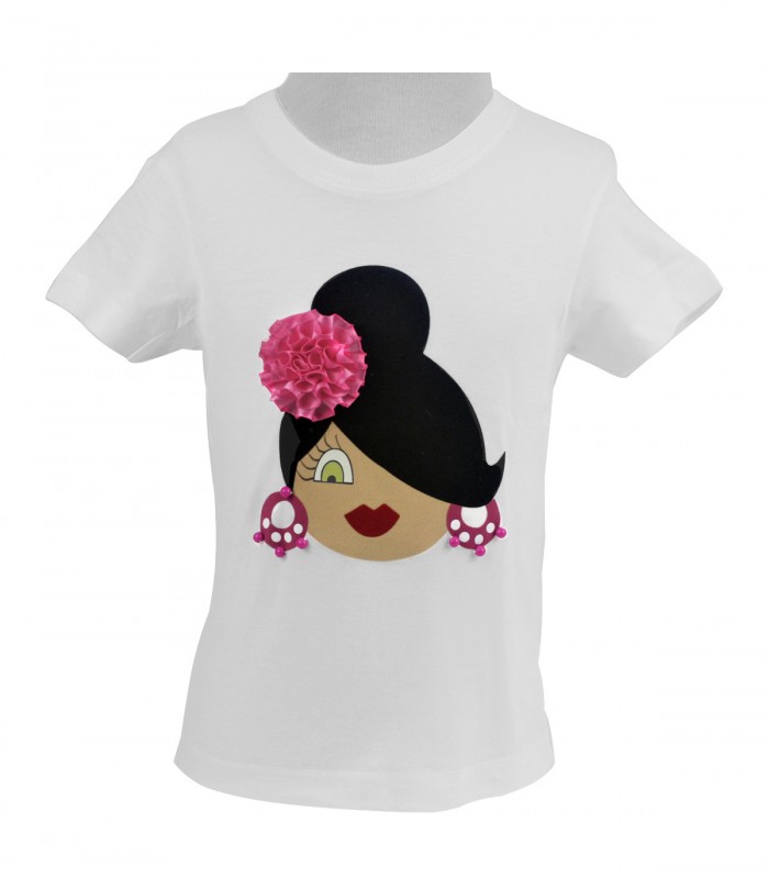 Camiseta niña moño blanco/fucsia