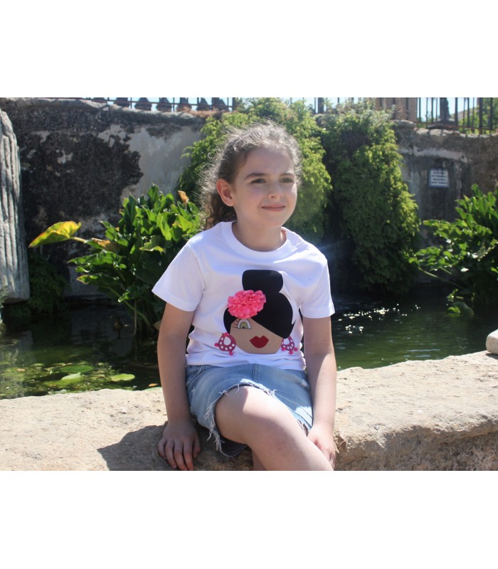 Camiseta niña moño blanco/fucsia